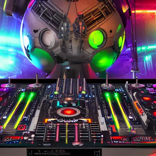 Image similar to album art, text : roborock, 3 steampunk spaced out robots on a dj desk with a cd mixer, 8 k, flourescent colors, halluzinogenic, multicolored, exaggerated detailed, front shot, 3 d render, octane