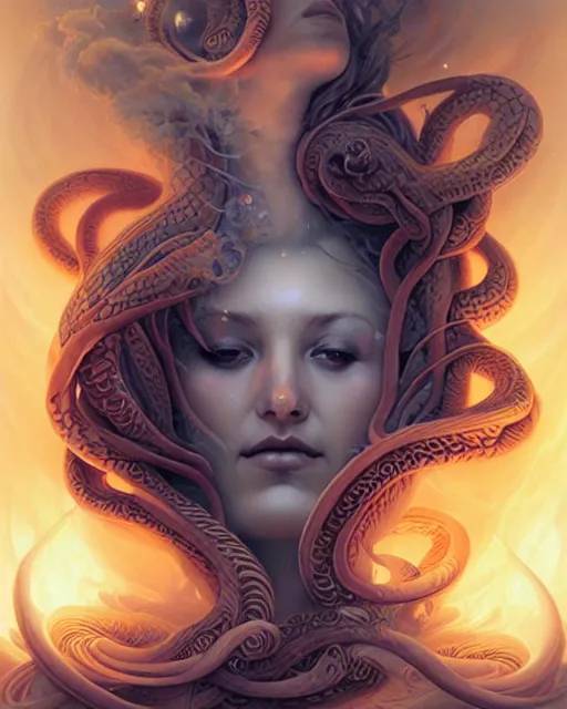 Prompt: beautiful woman made of swirling smoke serpents, radiant light, peter mohrbacher, ferdinand knab, artgerm, portrait