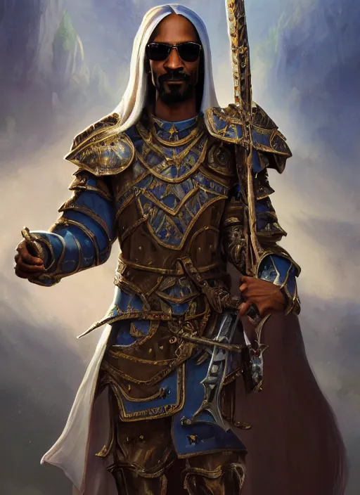 Image similar to snoop dogg as a paladin, short beard, grumpy, plate armor, Ivan Aivakovsky, Boris Vallejo, epic fantasy character art, D&D Concept Art, full length, Realistic, Regal, Refined, Detailed Digital Art, Oil Paining, Exquisite detail, post-processing, masterpiece, Cinematic Lighting, Unreal Engine, 8k, HD,