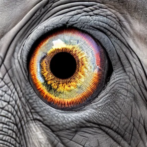 Image similar to ultra detailed photo, close up of elephant eye reflecting the camera