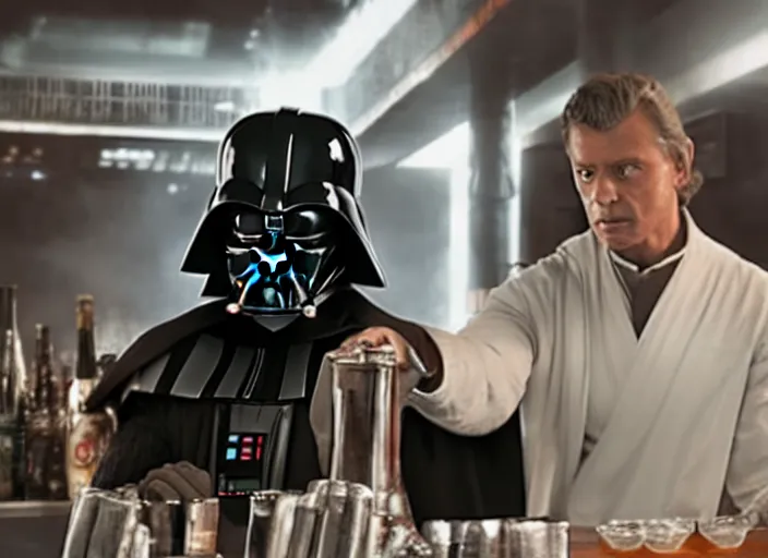 Image similar to film still of Darth Vader working as a bartender in the new Star Wars movie, 4k