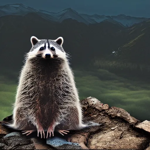 Image similar to huge stoned racoon sitting on a mountain smoking clouds, digital art