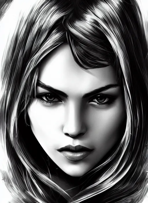 Image similar to headshot of a beautiful woman in black and white, art by diego fazio and diegoKoi and oscar Ukono, concept art, sharp focus, artgerm, 8k highly detailed