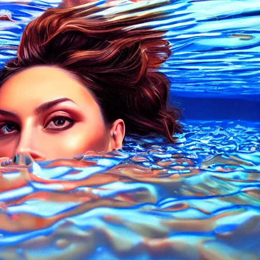 Prompt: hyperrealism oil painting, fashion model portrait underwater