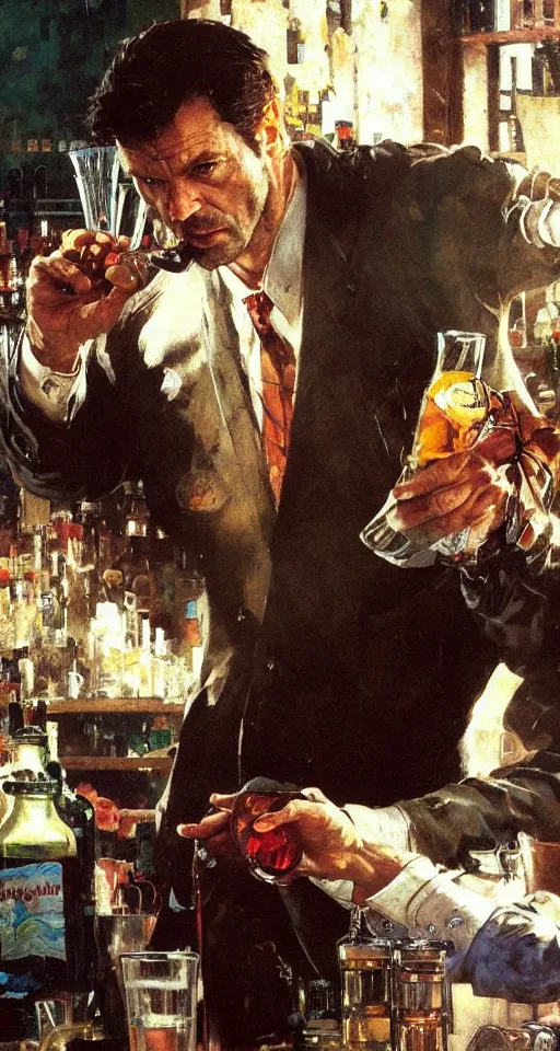 Image similar to close up of max payne pouring a drink, sun shining, photo realistic illustration by greg rutkowski, thomas kindkade, alphonse mucha, loish, norman rockwell.