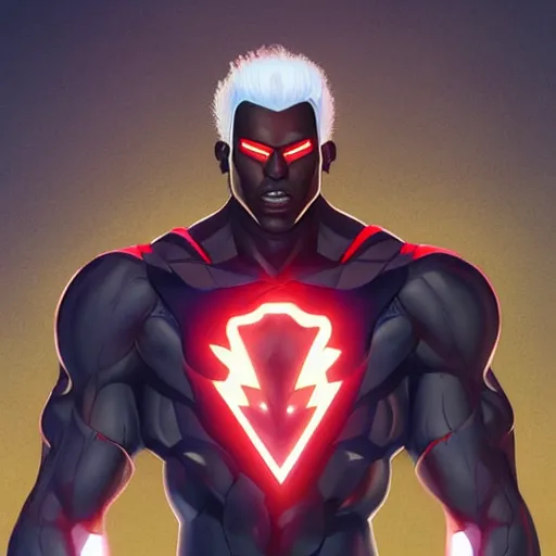 Prompt: a dark skinned, electricity themed superhero with white hair and red eyes. Drawn by Geoffroy Thoorens. Raphael Lacoste. Kuvshinov ilya