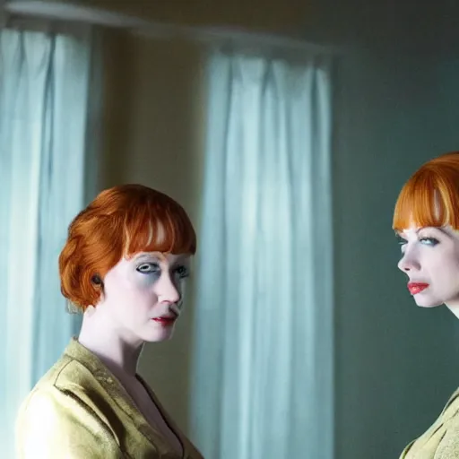 Image similar to a very surprised beautiful Christina Hendricks and her twin sister in the living room, film still from the movie directed by Denis Villeneuve with art direction by Salvador Dalí, wide lens