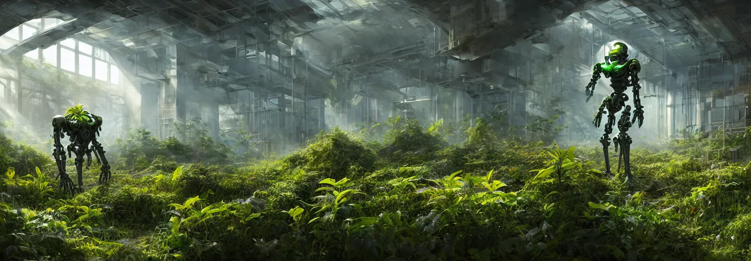 Image similar to brightly sunlit partially overgrown with plants and recently abandoned chemistry scientific laboratory from the distant future staffed by one dysfunctional dilapidated multiarmed bipedal robot, science fiction industrial hard science concept art, 8K render octane high definition cgsociety