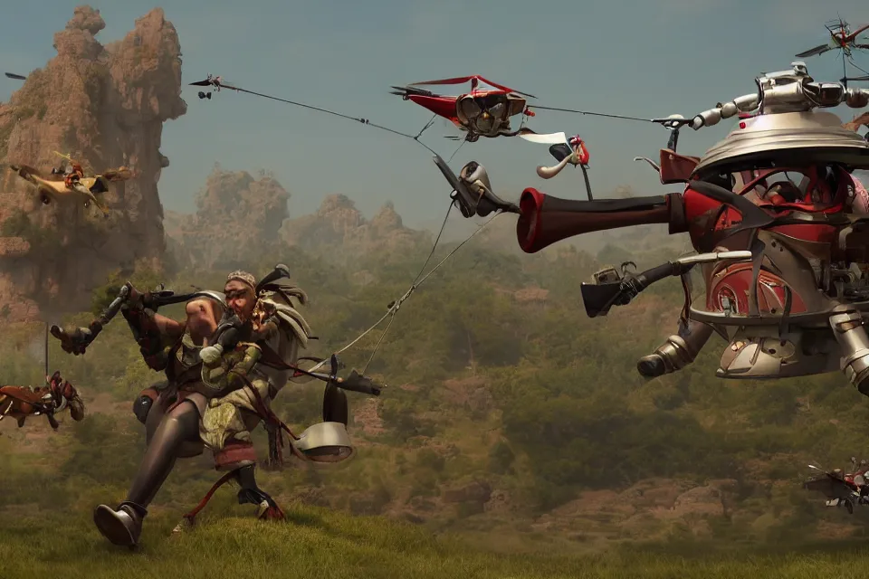 Prompt: pudge hooking gyrocopter with chen helping in background, unreal 5, high detailed, fantasy matte painting, super wide angle