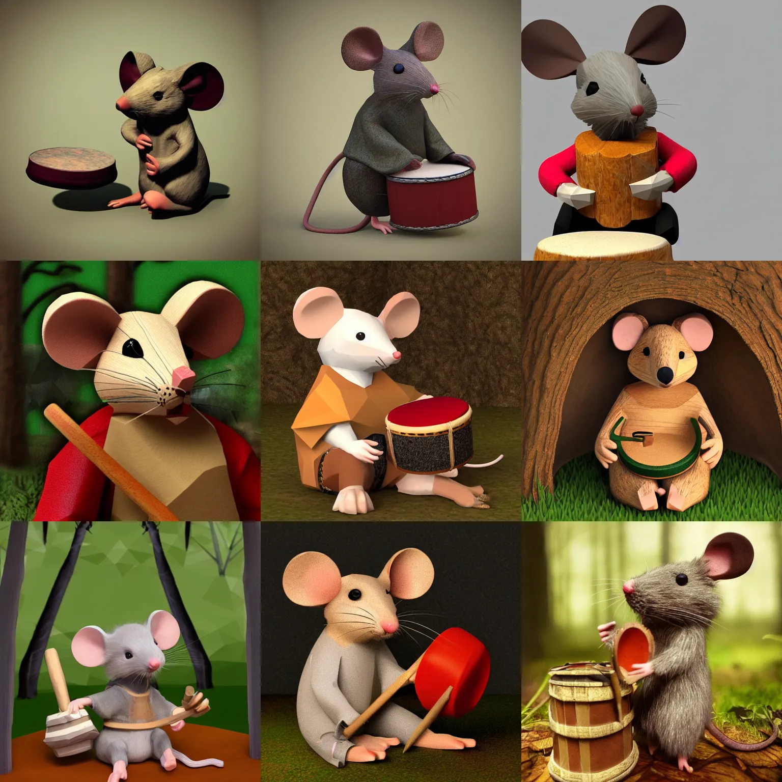 Prompt: mouse holding a drum, sitting in the forrest, medieval portrait, low poly, close up