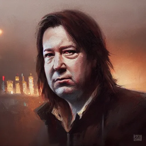 Image similar to closeup portrait of bill hicks, dramatic lighting, city background, chiaroscuro, high detail, painted by greg rutkowski, painted by igor kieryluk, painted by bobby chiu, trending on artstation