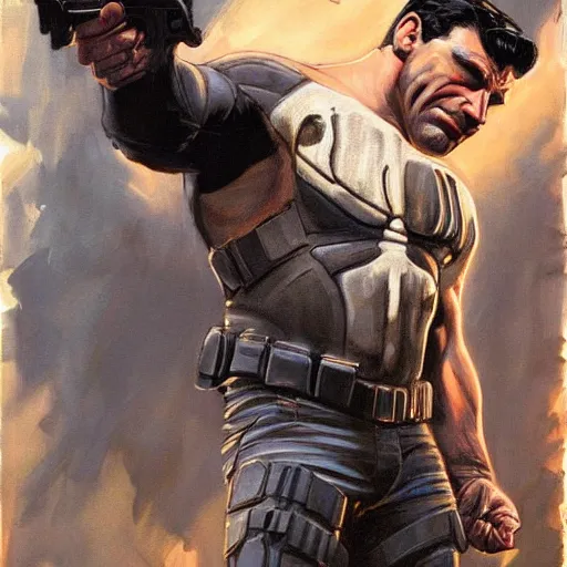 Image similar to mitch fatel as the punisher, painting by frank frazetta, highly detailed, high quality, 8 k, soft lighting, realistic face, path traced