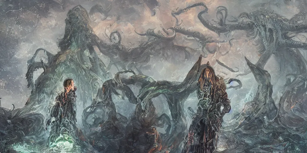 Prompt: portrait of necromancer priest in an invoking ritual in front of a giant cthulhu in a large landscape, intricate, elegant, glowing lights, highly detailed, digital painting, concept art, smooth, sharp focus, illustration, wide - angle portrait, atmospheric lighting, rich deep colors masterpiece, fractal crystals
