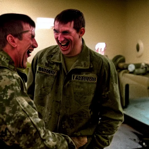 Image similar to a high quality color creepy atmospheric dimly lit extreme closeup film 3 5 mm depth of field photograph of 2 men wearing army fatigues laughing hysterically having casual conversation inside a top secret military base in antarctica in 1 9 8 2