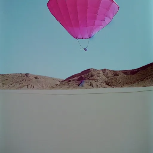 Prompt: a pastel colour high fidelity wide angle Polaroid art photo from a holiday album at a pink desert with abstract inflatable parachute furniture, all objects made of transparent iridescent Perspex and metallic silver, no people, iridescence, nostalgic