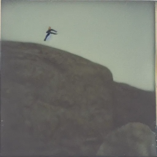 Image similar to a big flat rock flying through the sky, blurry photo, old polaroid, expired film, historical photo,