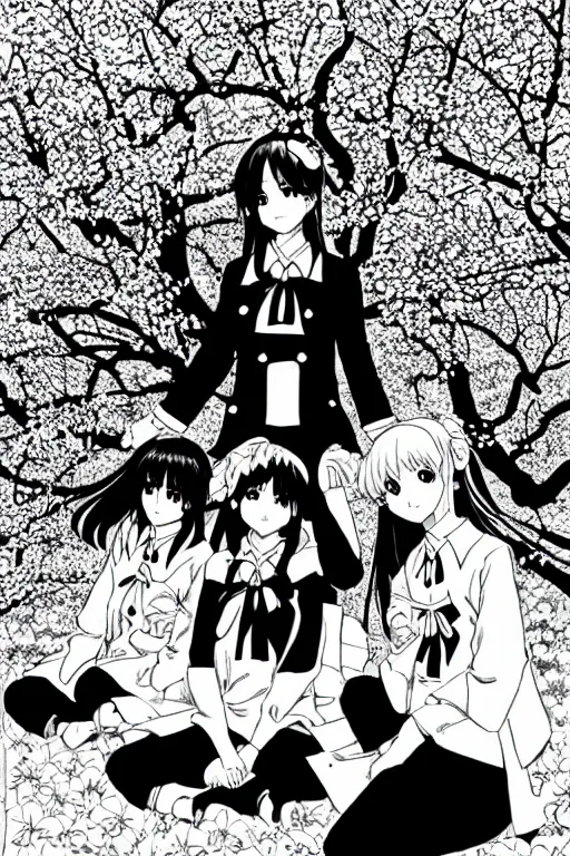 Image similar to black and white manga page, highly detailed pen, shoujo romance, two girls, first girl with long dark hair in sailor uniform, second girl with short light hair in pant suit, sitting on bench, cherry blossom tree in background with petals floating, drawn by Atsushi Ohkubo