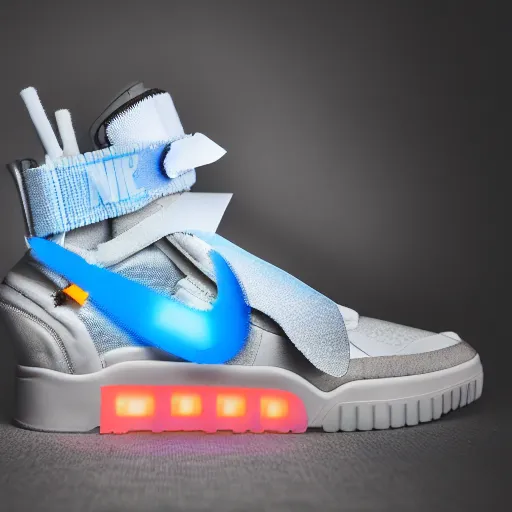 Image similar to a studio photoshoot of Nike Air Mag x Off-white sneakers designed by Virgil Abloh, leather and transparent knitted mesh material, glowing light outsole, realistic, color film photography by Tlyer Mitchell, 35 mm, Graflex