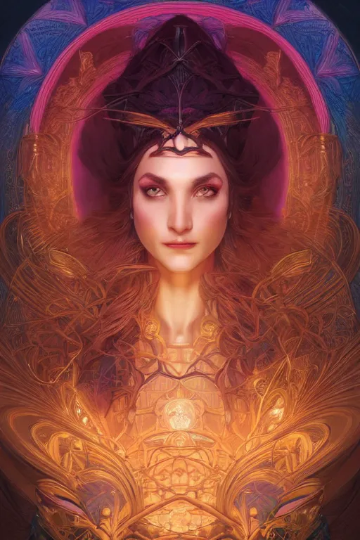 Image similar to portrait of a beautiful sorceress by artgerm, symmetrical, vivid color, complementary color, golden ratio, detailed, sharp lines, sharp focus, intricate, rainbowshift, by maxfield parrish, by peter mohrbacher, by gustave dore, by alphonse mucha, deviantart, octane render