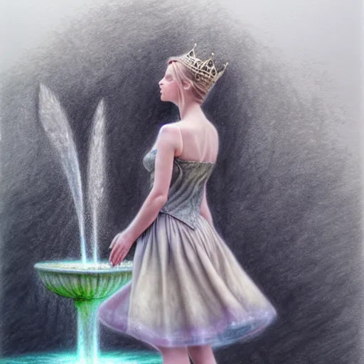 Image similar to hyper realistic pencil drawing of a fantasy princess standing by a fountain, muted water color, full portrait, detailed, rim light, diffused, intricate, by anna dittmann