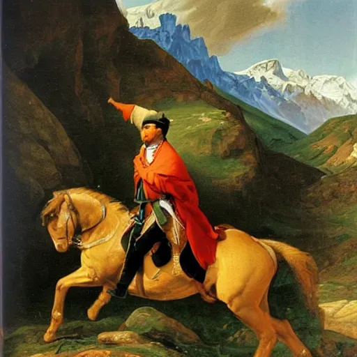 Prompt: benjamin netanyahu crossing the alps, oil painting by jacques - louis david