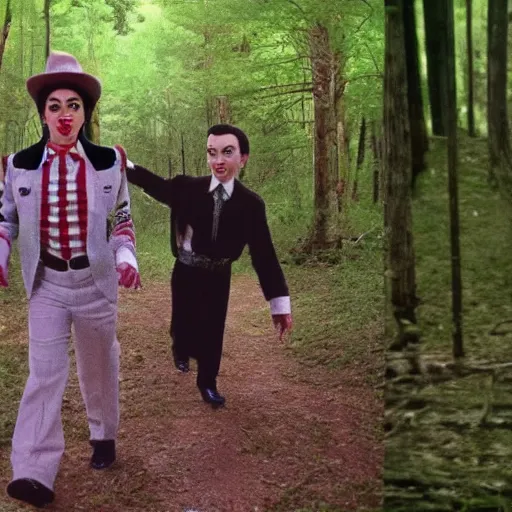 Prompt: trail cam footage of michael jackson and peewee herman,