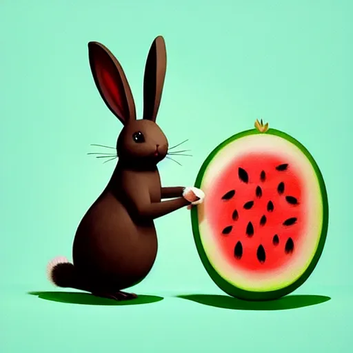 Image similar to a painting of a bunny and a watermelon, a storybook illustration by goro fujita, trending on cgsociety, pop surrealism, 2 d game art, storybook illustration, behance hd