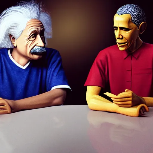 Prompt: Einstein and Obama sitting at McDonalds, ultra detailed, photorealistic, dramatic lighting