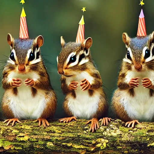 Prompt: chipmunks having a secret birthday party on a log in the woods, 8 k, national geographic photo,