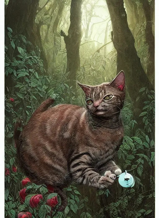 Image similar to a hyper realistic illustrated cat with playing with a hummingbird on its paw in the woods gorgeous lighting, lush forest foliage painting by chiara bautista and beksinski and norman rockwell and greg rutkowski weta studio, and lucasfilm