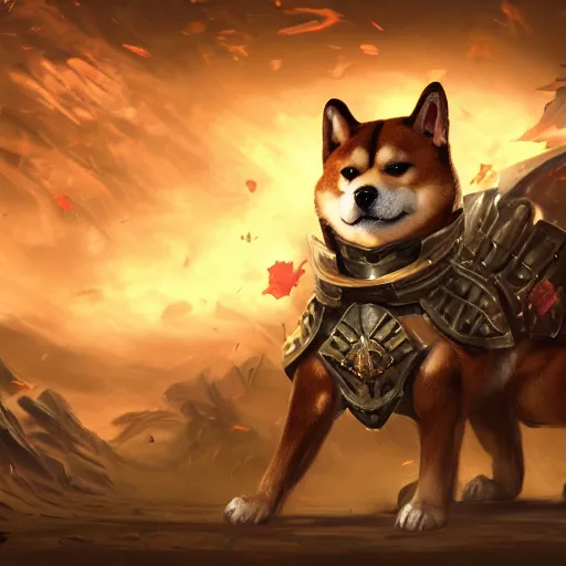 Image similar to shiba inu Dog, battle armour, Anthropomorphized, casting epic spell, magic the gathering artwork, D&D, fantasy, cinematic lighting, centered, symmetrical, highly detailed, digital painting, artstation, concept art, smooth, sharp focus, illustration, volumetric lighting, epic Composition, 8k, art by Akihiko Yoshida and Greg Rutkowski and Craig Mullins, heroic pose, oil painting, cgsociety, magic lab background