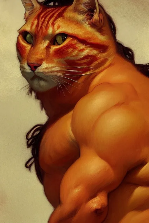 Prompt: painted portrait of rugged fat orange cat, god of thunder, greek god, masculine, powerful, handsome, upper body, white robe, muscular, fantasy, intricate, elegant, highly detailed, digital painting, artstation, concept art, smooth, sharp focus, illustration, art by gaston bussiere and alphonse mucha