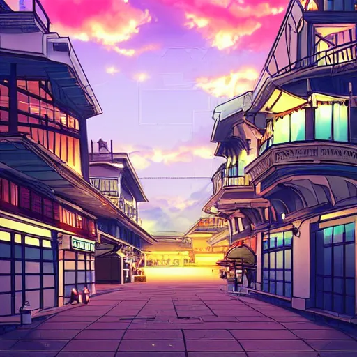 Prompt: beautiful anime scenery, city street at dusk