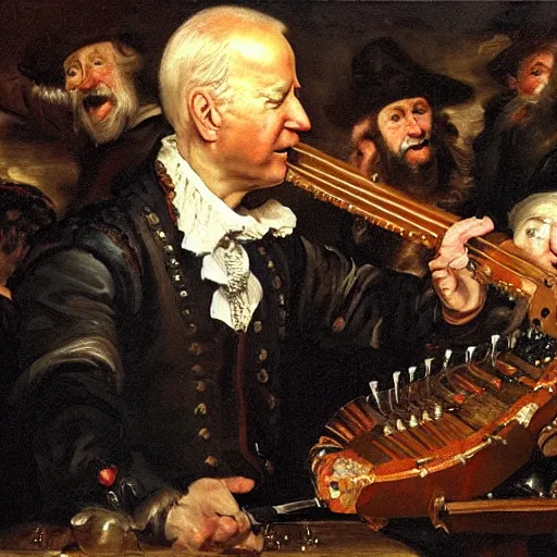 Prompt: Oil painting of Joe Biden playing the Hurdy Gurdy at a fantasy tavern, by Peter Paul Rubens