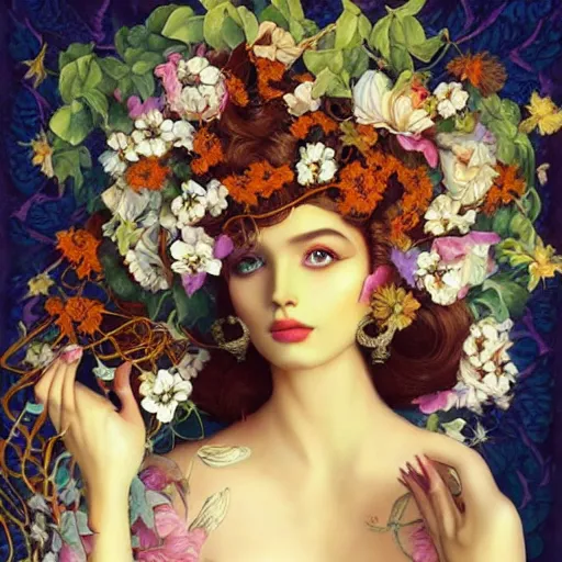 Image similar to dynamic composition, a painting of woman with hair of ( summer flowers )!! and vines wearing ornate earrings, ornate gilded details, a surrealist painting by tom bagshaw and jacek yerga and tamara de lempicka and jesse king, featured on cgsociety, pop surrealism, surrealist, dramatic lighting, wiccan, pre - raphaelite