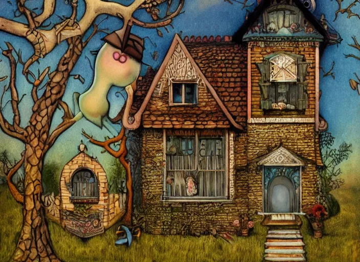 Prompt: a house with a tower, owl, birds, cheese, lowbrow in the style of mark ryden and john bauer,