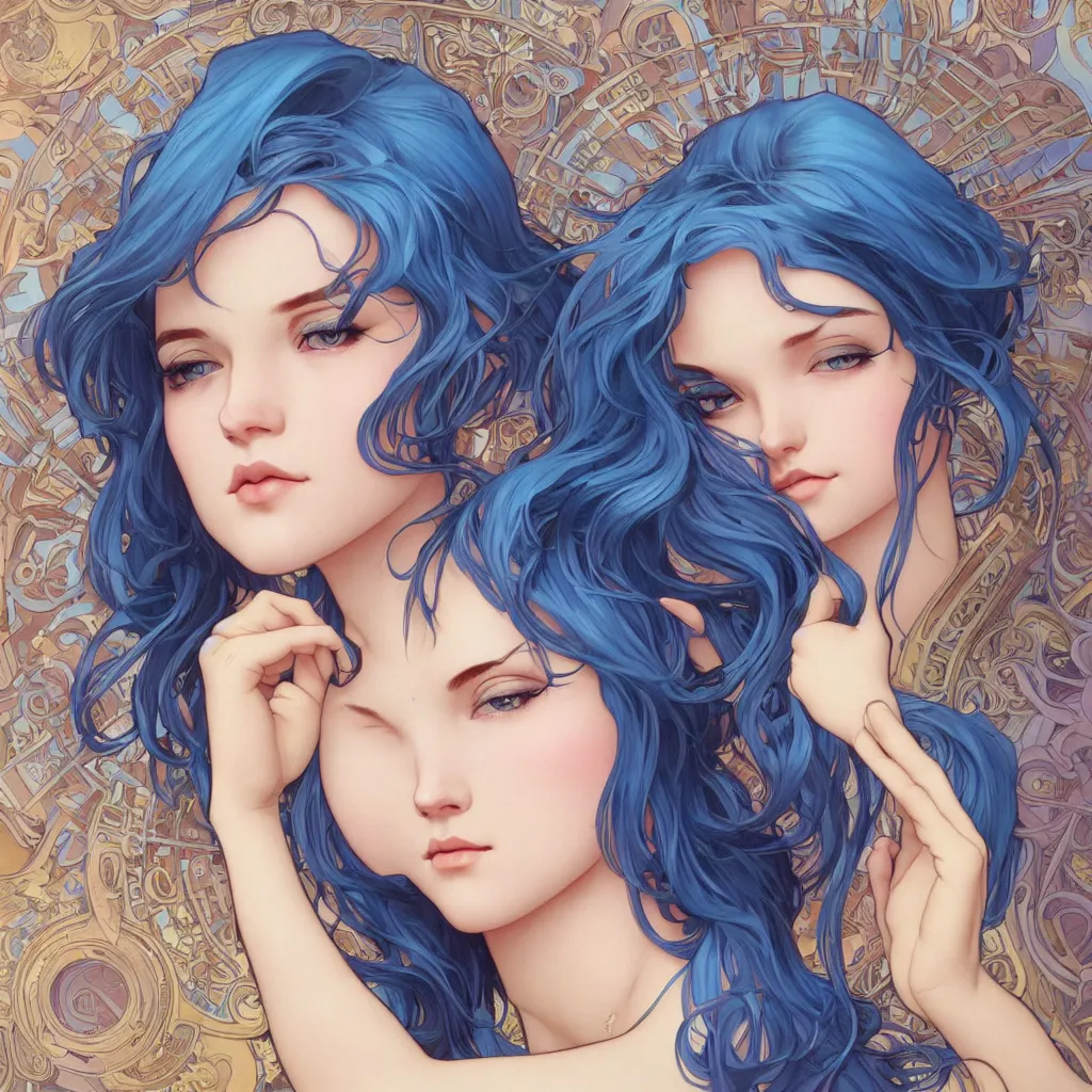 Prompt: One beautiful goddess with blue hair, highly detailed, digital painting, smooth, sharp focus, illustration, art by artgerm and alphonse mucha, high definition digital art, full body shot, in the style of Ross tran and ilya kuvshinov