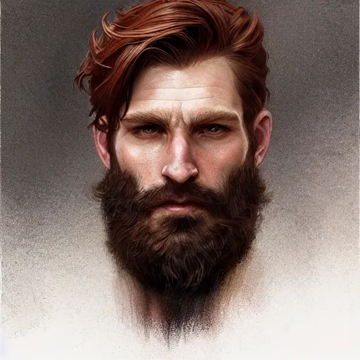 Image similar to portrait of a rugged ranger, 35 years old, beard, male, masculine, upper body, red hair, long hair, soft hair, D&D, fantasy, intricate, elegant, highly detailed, digital painting, artstation, concept art, matte, sharp focus, illustration, art by Artgerm and Greg Rutkowski and Alphonse Mucha