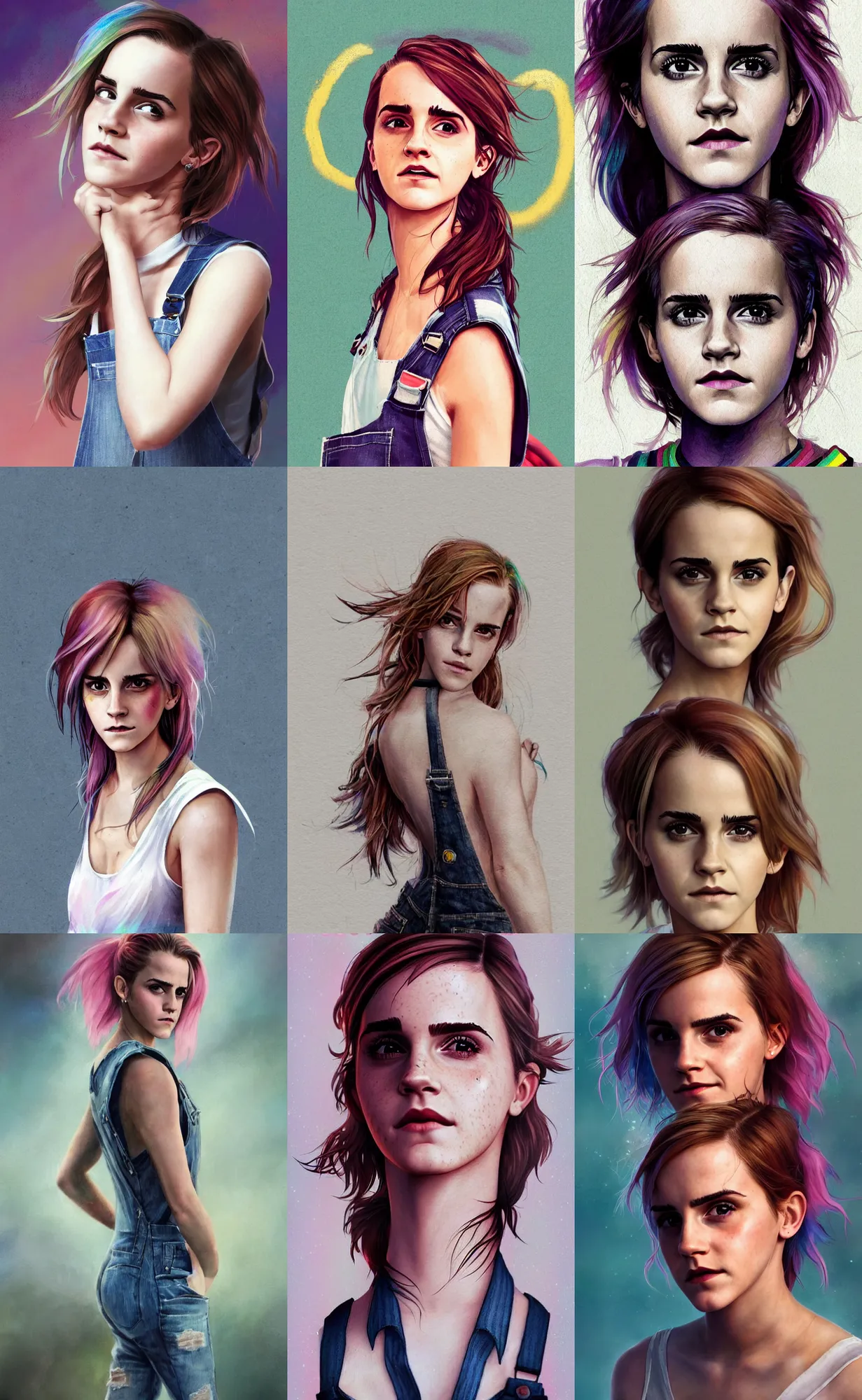Prompt: realistic emma watson with rainbow hair, drunk, angry, soft eyes and narrow chin, dainty figure, long hair straight down, torn overalls, basic white background, side boob, symmetrical, single person, style of by Jordan Grimmer and greg rutkowski, crisp lines and color,