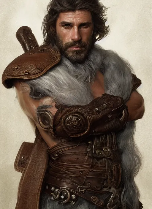 Image similar to portrait of a ruggedly handsome cleric, soft hair, muscular, half body, leather, hairy, d & d, fantasy, intricate, elegant, highly detailed, digital painting, artstation, concept art, smooth, sharp focus, illustration, art by artgerm and greg rutkowski and alphonse mucha