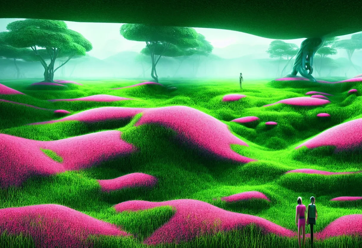 Image similar to inside of alien lush summer green landscape of human mind and imagination with millions of pink flowers, morning fog, matte painting, beautiful render, octane render, concept art