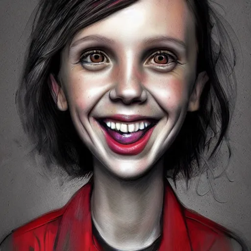 Image similar to surrealism grunge cartoon portrait sketch of millie bobby brown with a wide smile by - michael karcz, loony toons style, horror theme, detailed, elegant, intricate