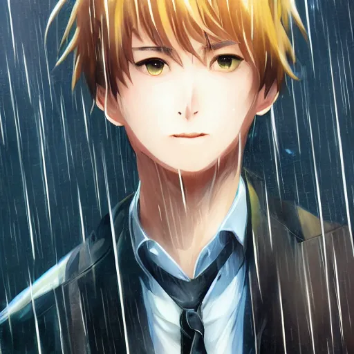 Prompt: portrait of the boy standing in the rain without umbrella, anime fantasy illustration by tomoyuki yamasaki, kyoto studio, madhouse, ufotable, square enix, cinematic lighting, trending on artstation