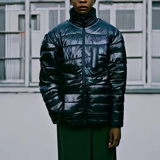 Image similar to realistic photoshooting for a new raf simons lookbook, color film photography, close up, model is wearing a puffer jacket, photo of a woman, photo in style of tyler mitchell, 3 5 mm