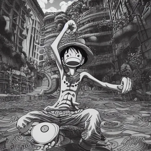 Image similar to monkey d. luffy finding the one piece, an ultrafine detailed illustration by james jean, intricate linework, bright colors, final fantasy, behance contest winner, vanitas, angular, altermodern, unreal engine 5 highly rendered, global illumination, radiant light, detailed and intricate environment