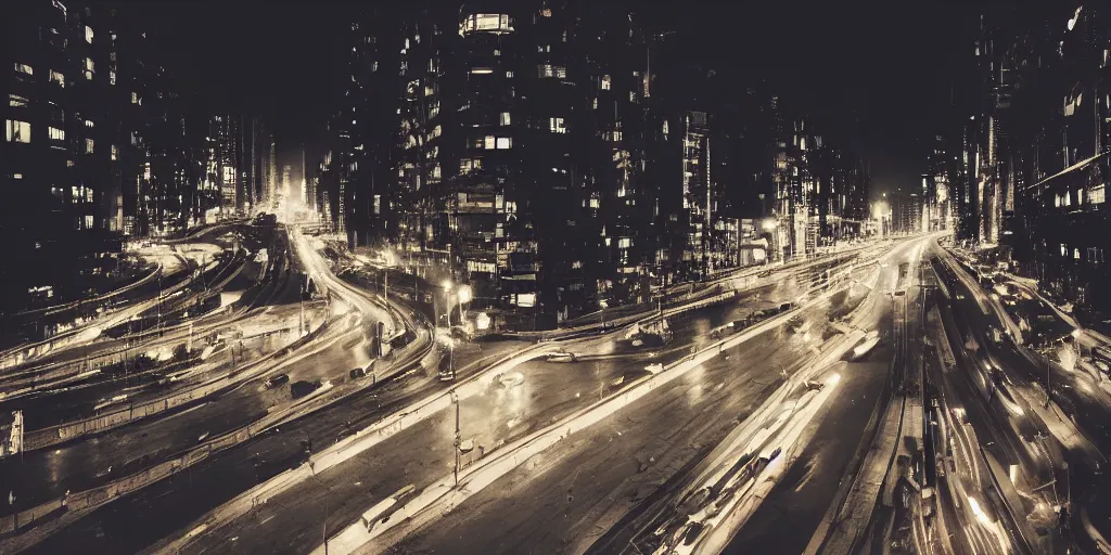 Prompt: a city street at night, raining, photograph, cars on the road, cyberpunk, sharp focus, intricate detail, drone shot