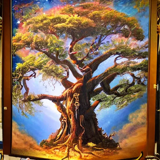 Image similar to A 100 year old ancient huge glowing tree, fantasy painting, lots of detail