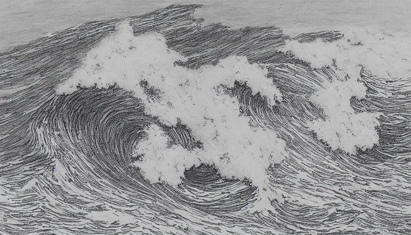 Image similar to huge waves far out at sea drawing by Moebius, minimalist, detailed, black and white drawing