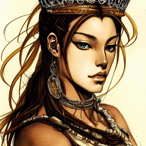 Image similar to highly detailed portrait of a majestic lioness queen in the form of a beautiful woman. d & d. art by eugene delacroix and takeshi obata. trending on artstation, intricate details, energetic composition, golden ratio, concept art, illustration, elegant art, global illuminaition