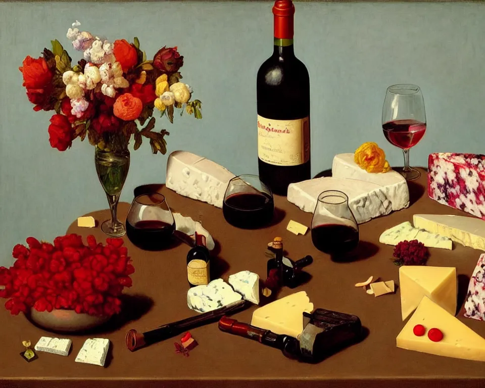 Image similar to an achingly beautiful still life featuring blooming flowers, cheeses, red wine, and model trains by Raphael, Hopper, and Rene Magritte. detailed, romantic, studio lighting, enchanting, trending on artstation.